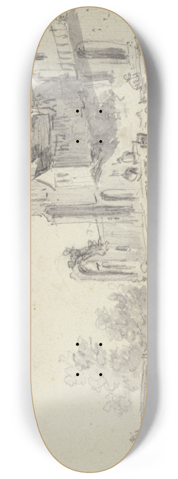 Jan van Goyen - Rechts an einem Wasser alte Huser mit einer Treppe, ber das Wasser fhren zwei steinerne Brcken 8.25 inch art skate deck