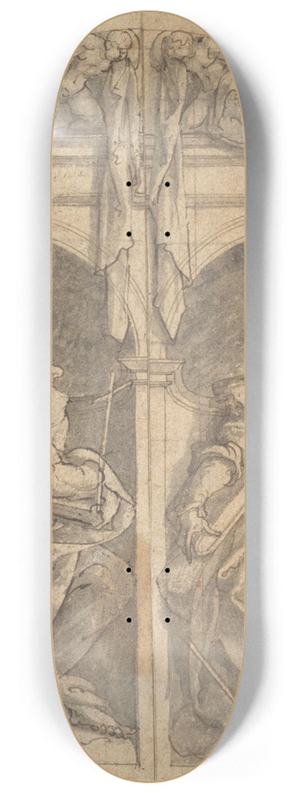 Jan van Scorel - Two Wings of an Altarpiece depicting Saints John the Baptist and Catherine in Niches Surmounted by Angels 8.25 inch art skate deck
