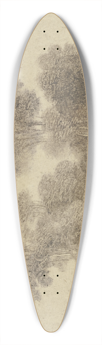 Benjamin Calau - Ein Kahn mit einem stehenden und einem sitzenden Mann vor einer bewaldeten Insel 39.3 inch art pintail longboard deck