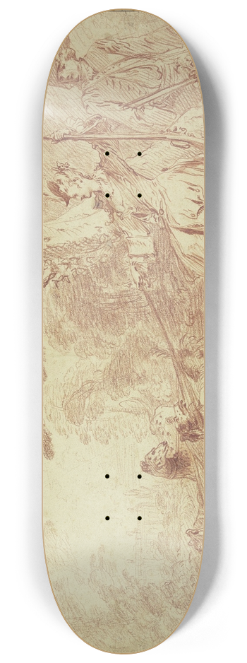 Jean-Antoine Watteau - Jagdpartie, Jgerin und Jger mit vier Hunden in einer Landschaft 8.25 inch art skate deck