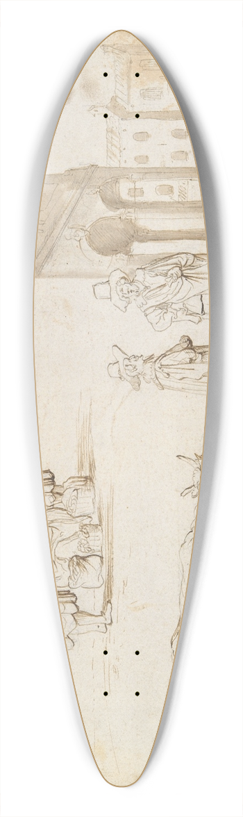 Cornelis De Wael - Studies of Two Cows, Figures, and StreetScene 39.3 inch art pintail longboard deck