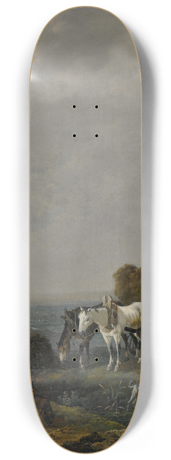 Johannes Lingelbach - Falconers on a path with harvesters loading hay onto a wagon nearby, a valley beyond, at dusk 8.25 inch art skate deck