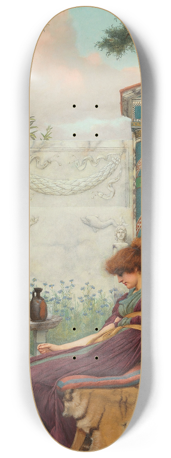 John William Godward - Winding wool in a Pompeian garden 8.25 inch art skate deck