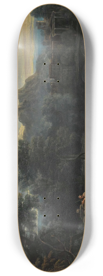 John Wootton - A wooded classical landscape with figures resting in the foreground and bathing in the river, a town beyond 8.25 inch art skate deck