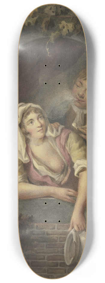 Lambert Antonius Claessens - Eine Frau mit entblstem Busen leert ein Nachtgeschirr zum Fenster hinaus, hinter ihr ein rauchender junger Mann 8.25 inch art skate deck