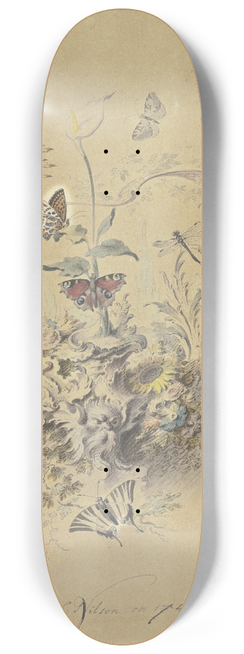 Johann Esaias Nilson - Rocaille-Ornament mit einer Kalla und anderen Blumen, Schmetterlingen wie Perlmutterfalter, Pfauenauge und Segelfalter sowie Libellen und einer Raubmcke 8.25 inch art skate deck