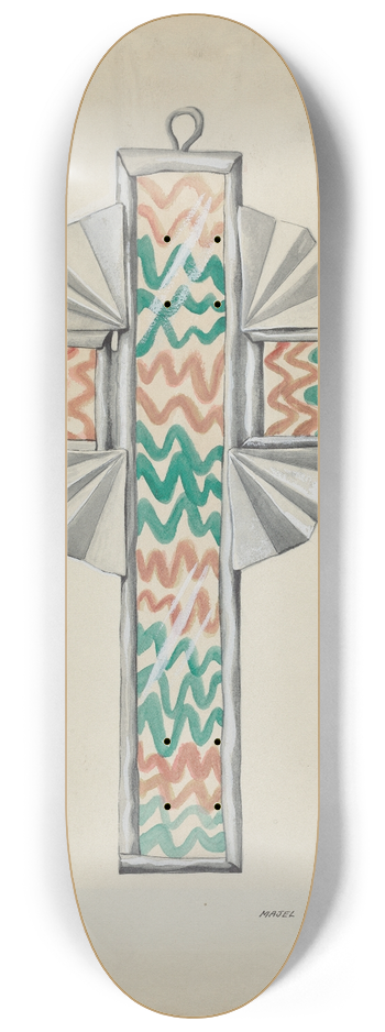 Majel G. Claflin - Tin and Painted Glass Cross 8.25 inch art skate deck