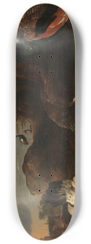 Melchior d'Hondecoeter - Two Peacocks Threatening a Hen with Chicks, Known as The Threatened Hen 8.25 inch art skate deck