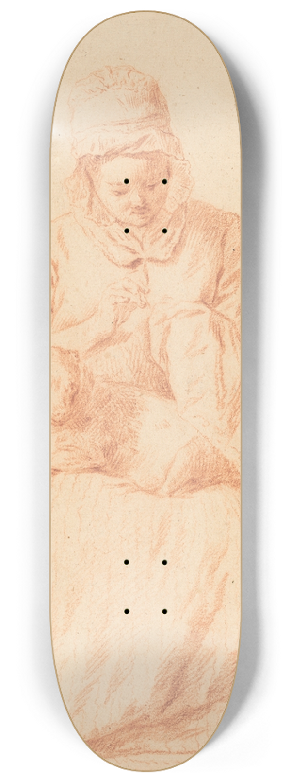 Johann Gottlieb Glume - Young Woman Sewing with a Dog Resting on Her Lap 8.25 inch art skate deck