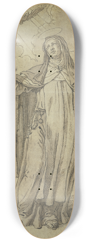 Pieter van Lint - Eine heilige Nonne hlt das Kruzifix in der Hand, der Heilige Geist schwebt ber ihr, rechts ein Baum 8.25 inch art skate deck