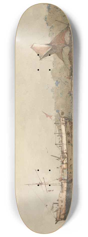 Richard Henry Nibbs - A Moored Barque and Barge in a River 8.25 inch art skate deck