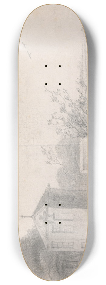 Richard Wilson - Riverside Scene with Figures, Hexagonal Building Left and Horse-Drawn Wagon Crossing Bridge at Right 8.25 inch art skate deck
