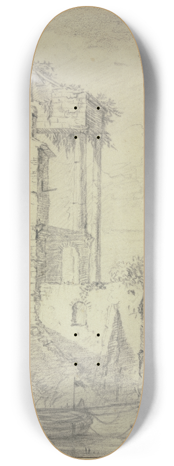 Simon de Vlieger - Ruinen am Wasser, vorn ein Kahn mit einem Ruderer 8.25 inch art skate deck