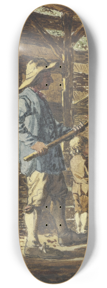 Steven Gobl - In einem Bretterverschlag steht ein Mann mit einem Stock in abwehrender Haltung, vor ihm ein Knabe, seinen Hut vor den Krper haltend 8.25 inch art skate deck