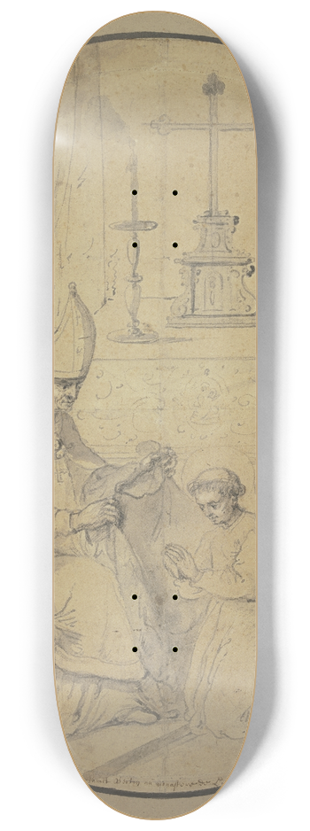 Theodoor Rombouts - Ein junger Geistlicher mit Heiligenschein wird von einem Bischof mit einem Gewand bekleidet, rechts ein Krieger mit einem Schwert 8.25 inch art skate deck
