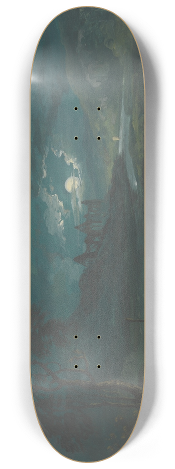 John Laporte - Night  River Landscape with a Ruined Abbey 8.25 inch art skate deck