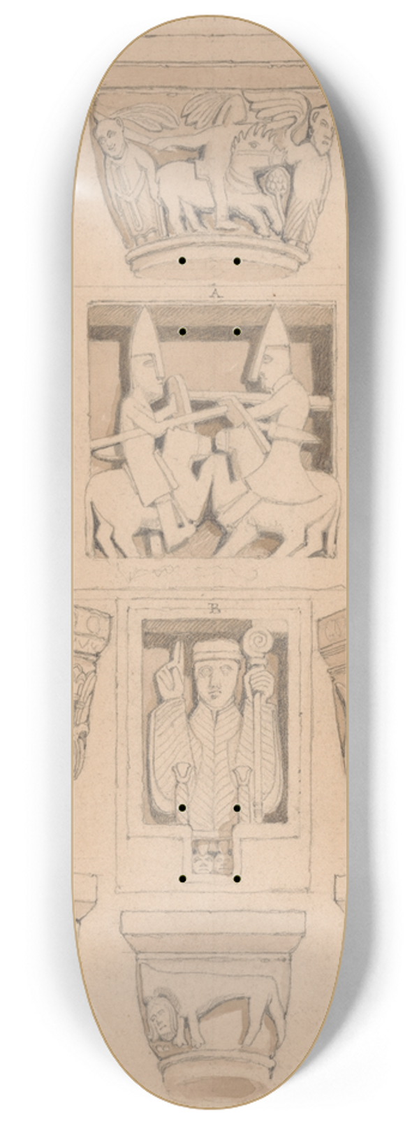 John Sell Cotman - Capitals and A & B Bas-Reliefs in the Abbey Church of Saint Georges de Bocherville, near Rouen, Normandy 8.25 inch art skate deck