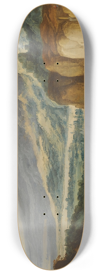 Joos de Momper - An Extensive Mountainous River Landscape With Horsemen Conversing On A Raised Plateau 8.25 inch art skate deck