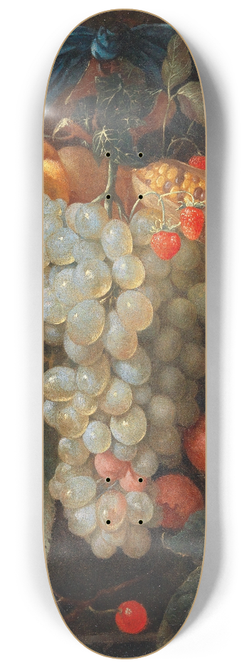 Joris van Son - A hanging bouquet of fruit, including grapes, a pear and corn on the cob, with butterflies 8.25 inch art skate deck