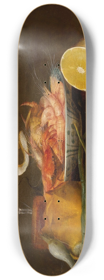 Joris van Son - Tabletop still life, including a herring on a pewter dish, a porcelain bowl of shrimp, a wine glass, and a partially-peeled lemon 8.25 inch art skate deck