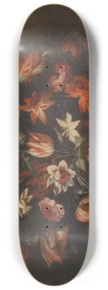 Jos de Arellano - A Still Life With A Basket Of Tulips, Carnations And Other Flowers On A Stone Plinth 8.25 inch art skate deck