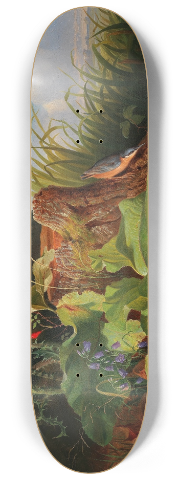 Josef Schuster - Stillleben mit Stillleben mit Disteln Glockenblumen Hagebutten und einem Kleiber 8.25 inch art skate deck