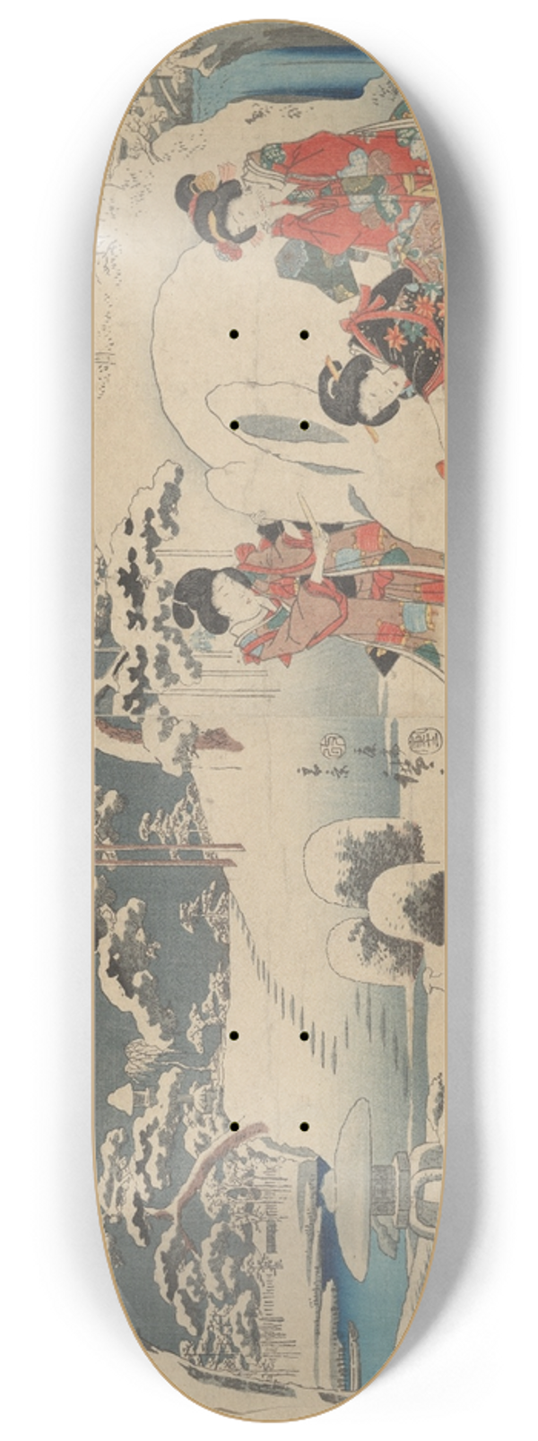 And Hiroshige - Three Women Making a Snow Rabbit in a Garden 8.25 inch art skate deck