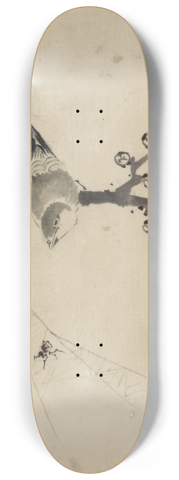 Katsushika Hokusai - A bird perched on a tree branch with blossoms, watching a spider on a web 8.25 inch art skate deck
