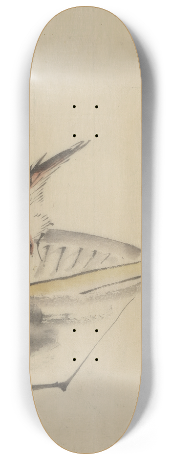 Katsushika Hokusai - A bird perched on the edge of a bowl, with head cocked, looking at a utensil in the bowl 8.25 inch art skate deck