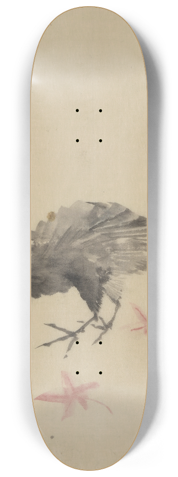 Katsushika Hokusai - A bird, possibly crow or raven, facing left, standing among leaves with head cocked as though looking closely or listening 8.25 inch art skate deck