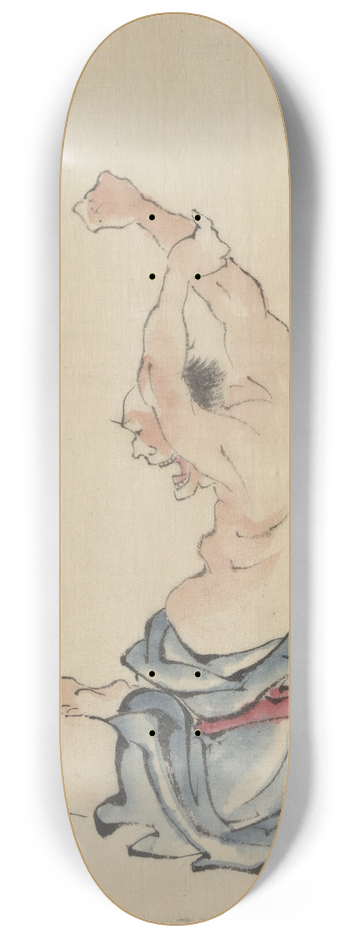 Katsushika Hokusai - A man, bare-chested, sitting cross-legged with arms raised over his head, stretching or practicing yoga 8.25 inch art skate deck