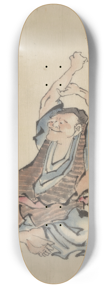 Katsushika Hokusai - A man, facing left, wearing several layers of clothing, sitting with arms raised over his head, practicing yoga 8.25 inch art skate deck