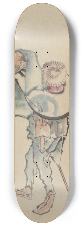 Katsushika Hokusai - A man walking to the left, with a large hat resting on his back and wearing sandals, holding a short staff possibly used to propell a boat 8.25 inch art skate deck
