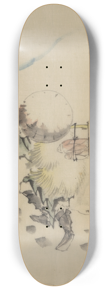 Katsushika Hokusai - A man, wearing a conical hat, a straw or feather outer garment, and boots, is carrying a long-handled tool 8.25 inch art skate deck