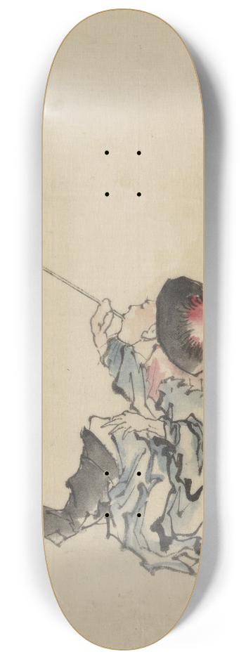 Katsushika Hokusai - A traveler, seated, wearing a robe, boots, and rounded-top conical hat, smoking a long pipe 8.25 inch art skate deck