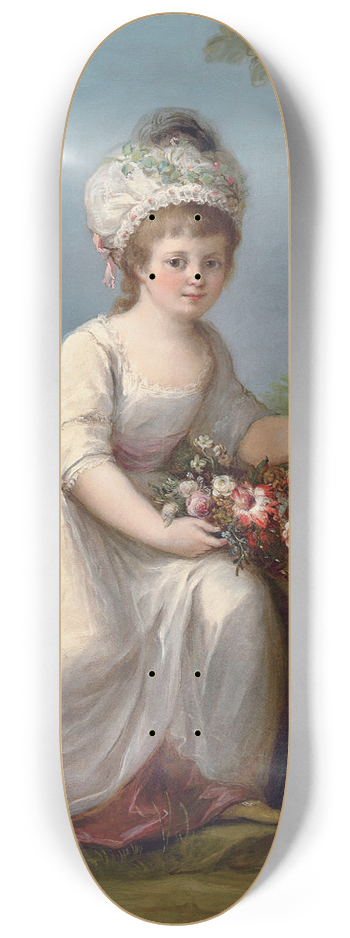 Angelica Kauffmann - Portrait of a young girl, full-length, seated in a white dress with a basket of flowers, in a landscape 8.25 inch art skate deck