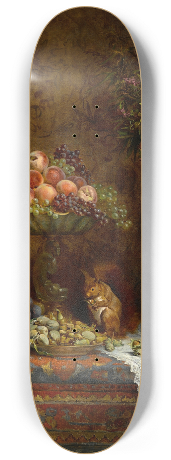 Louise Mercier - A still life with a hot chocolate pot, a basket of plums, a compote holding grapes and peaches, a plate of nuts, a squirrel and a Chinese vase 8.25 inch art skate deck
