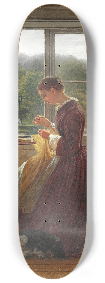 Ludvig August Smith - Interir med en kvinde, der sidder og syr foran vinduet, samtidig med at hun lser et brev 8.25 inch art skate deck
