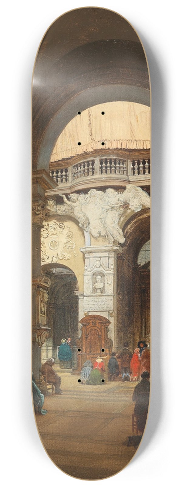 Luigi Marchesi - Rome, a Scene in the Church of Santa Maria del Popolo, in the Background the Organ Gallery with the Coat of Arms of Giulio II della Rovere 8.25 inch art skate deck
