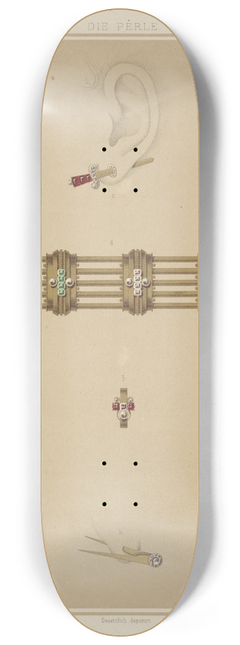 Martin Gerlach - Seven Designs For Jewelry, Including Earring In Shape Of Gold Sword With Ruby Hilt. 8.25 inch art skate deck