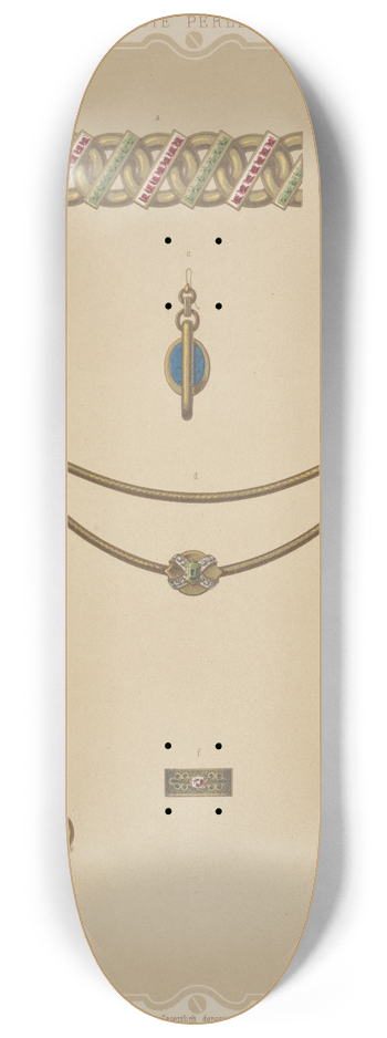 Martin Gerlach - Seven Designs For Jewelry, Including Heart-Shaped Pendant Watch On Gold Anchor With Gold Chain And Cross. 8.25 inch art skate deck