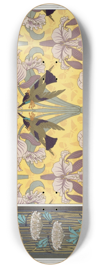 Maurice Pillard Verneuil - Libellules, butome en ombelle, nnuphars, panneau. Oiseaux-mouches et orchides, toffe. Oiseaux-mouches et capillaires, bordure. 8.25 inch art skate deck