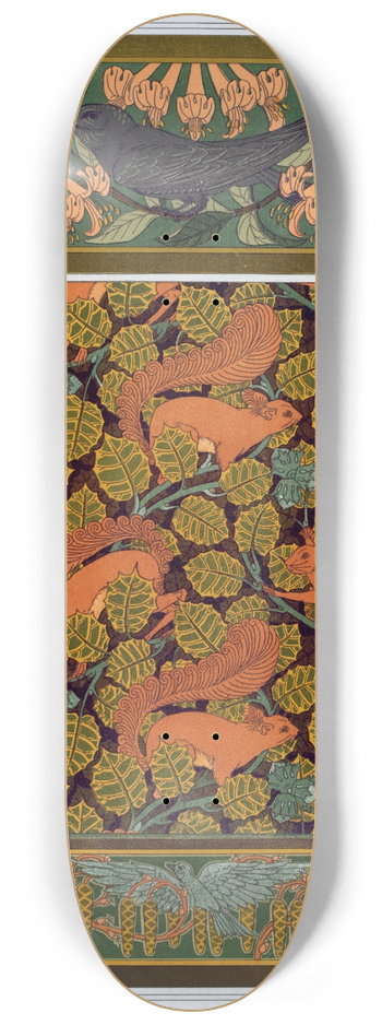 Maurice Pillard Verneuil - Martinets et chvrefeuille, bordure. cureuils et noisetier, papier peint. Oiseaux et noisetier en fleur, bordure. 8.25 inch art skate deck