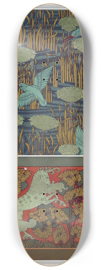 Maurice Pillard Verneuil - Martins-pcheurs et butome en ombelle, papier peint. Chevaux et arbres, bordure. 8.25 inch art skate deck