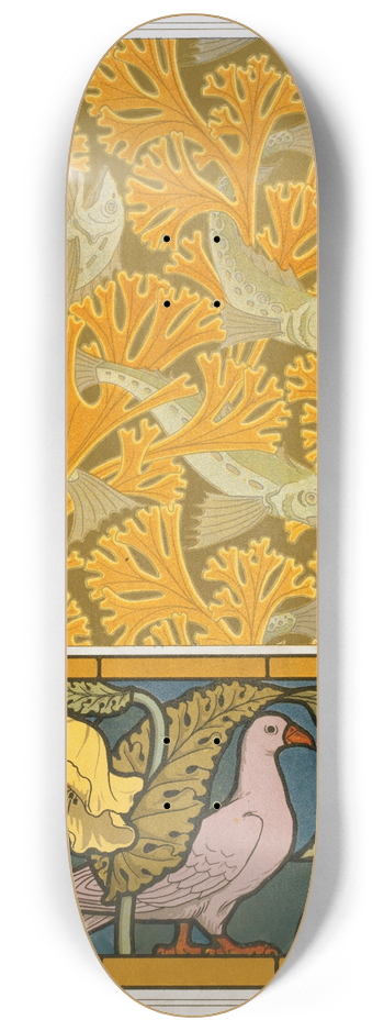 Maurice Pillard Verneuil - Poisson et algues, papier peint; pigeon et pavots, bordure de vitrail 8.25 inch art skate deck