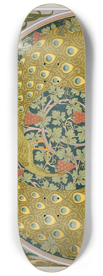 Maurice Pillard Verneuil - Poissons et algues, coq, coinon; paons et vigne; livres, chiens et ronces, bordure 8.25 inch art skate deck