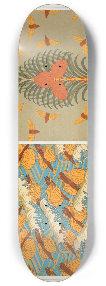 Maurice Pillard Verneuil - Poissons volants et vagues, papier peint. Cigales et pin, papier peint. Coquilles de nautiles, bordure. 8.25 inch art skate deck