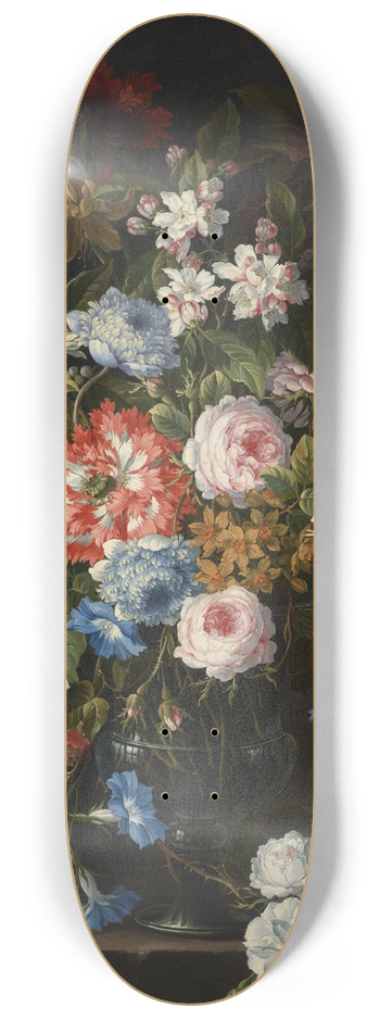 Antoine Monnoyer - Roses, lilies, tulips, daffodils, morning glories and other flowers in a glass vase on a stone ledge 8.25 inch art skate deck