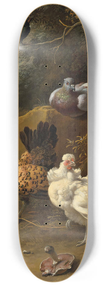 Melchior d'Hondecoeter - Chickens and pigeons in a landscape 8.25 inch art skate deck