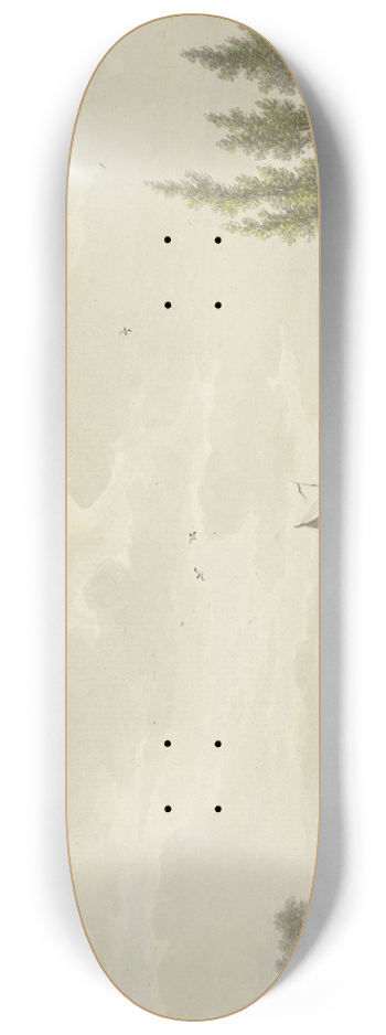 Nicolaas Wicart - Auf einem Fluss segeln drei Barken, vorne auf dem Weg ein Mann mit einem Esel, weiter links vier Figuren 8.25 inch art skate deck